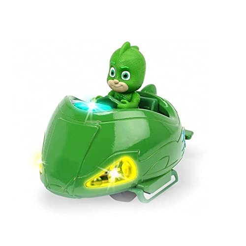 Dickie Toys PJ Masks Mission Racer Gekko, Die-Cast Fahrzeug mit Freilauf, Licht & Sound, spielt Titelmelodie aus der Serie, inkl. Gecko Figur, 12 cm, grün, inkl. Batterien von Dickie Toys