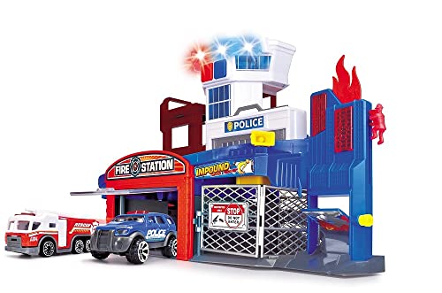 Dickie Toys – Parkgarage Feuerwehr und Polizei – Parkhaus inkl. 2 Spielzeugautos, mit Aufzug, Blaulicht, Sirene, Löschfunktion, für Kinder ab 3 Jahren von Dickie Toys