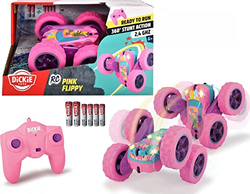 Dickie Toys Pink Drivez RC Candy Flippy, ferngesteuertes Spielzeugauto, Rotations- und Flip-Funktion, mit Fernbedienung, bis 8 km/h, für Jungen und Mädchen, beleuchtet, ab 6 Jahren, 28 cm, Pink/Türkis von Dickie Toys