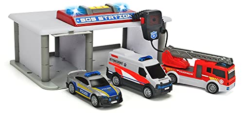Dickie Toys – Rettungsstation - mit Polizeiauto, Feuerwehrauto & Krankenwagen, interaktive Spielzeug-Rettungswache für Kinder ab 3 Jahren von Dickie Toys