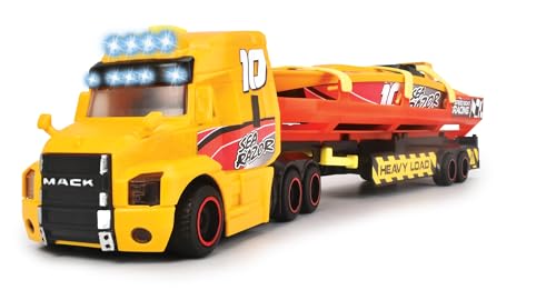 Dickie Toys – Sea Race Truck – Schwertransporter, großer LKW mit Anhänger und Boot, mit Licht und Sound, Spielzeug für Kinder ab 3 Jahren, 203747009, Orange von Dickie Toys