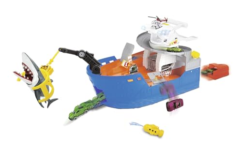 Dickie Toys Shark Attack Spielzeugboot Spielset mit Tragegriff inkl. Fahrzeug & Helikopter Hai mit Schnappfunktion knautschbares U-Boot mit Wasserspritze Haikäfig ab 3 Jahren Größe: 41 x 18,5 x 22 cm von Dickie Toys