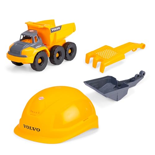 Dickie Toys - Volvo Baustellen-Set Tough Hauler (4-TLG.) - großer Spielzeug-Muldenkipper (26 cm) mit Helm, Schaufel & Rechen-Sieb, Auto- und Sandspielzeug für Kinder ab 3 Jahre von Dickie Toys