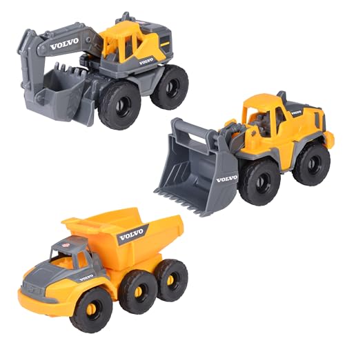 Dickie Toys - Volvo Baustellenfahrzeuge ab 3 Jahre (3 Stück) - Construction Set mit 3 Spielzeugautos (Bagger, Radlader, Kipplaster) für Kinder, je 16 cm, Autos mit Freilauf und beweglichen Teilen von Dickie Toys