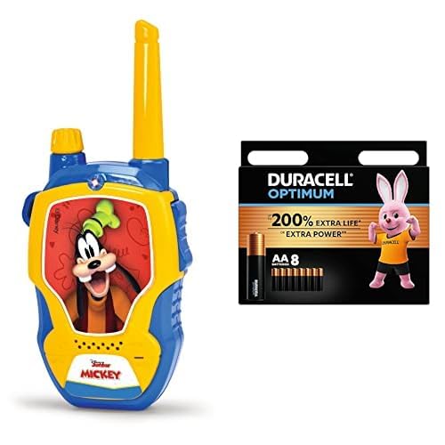 Dickie Toys – Walkie Talkie Disney Mickey Mouse 2 Funkgeräte, speziell für Kinder ab 4 Jahren entwickelt, bis zu 100 m Reichweite, Spielzeug-Funkgeräte + Duracell Optimum Batterien AA, 8 Stück, bis zu von Dickie Toys