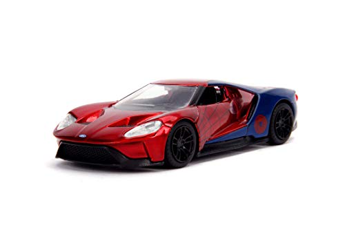 Jada Toys Marvel Spiderman 2017 Ford GT, 1:32 Modellauto, aus Zinkdruckguss, öffnende Flügeltüren, inkl. Freilauf, rot/blau von Jada Toys