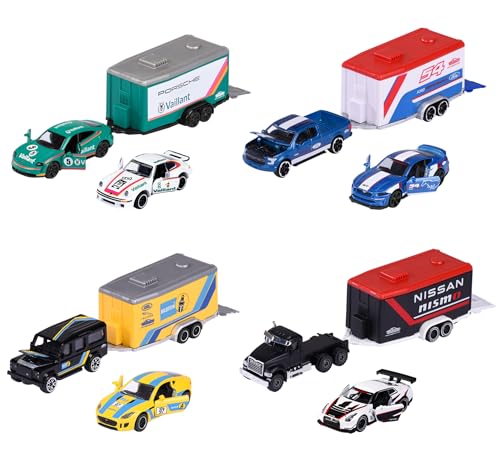 Majorette - Race Trailer Set - 2 Spielzeugautos & 1 Anhänger im Motorsport-Design, Autos und Trailer aus Metall, 19 cm, für Kinder ab 3 Jahren, zufällige Auswahl von Majorette