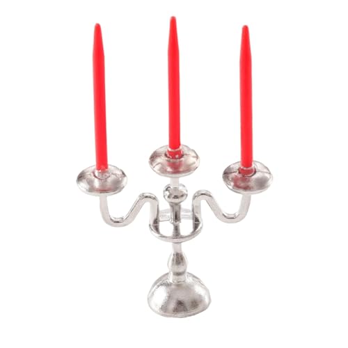 Dickly 1/12 Puppenhaus Kerzenhalter Miniatur Niedlicher Kandelaber Modell für Kamin Tisch Mittelstück Regal Schrank Dekoration, Silber Und Rot von Dickly