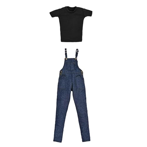 Dickly 2X 1:6 T-Shirt und Hosenträger-Jeans, handgefertigte Miniatur-Puppenkleidung für 12-Zoll-Puppenmodelle, Figuren-Anziehzubehör von Dickly