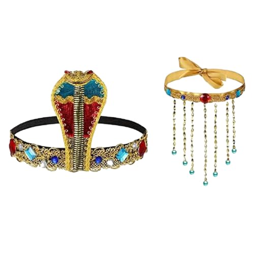 Dickly 2X Ägyptische Kostüm-Accessoires zum Anziehen, Schlangenform-Kopfbedeckung, ägyptische Kopfbedeckung, Perlen-Quasten-Halskette für Festival-Party von Dickly