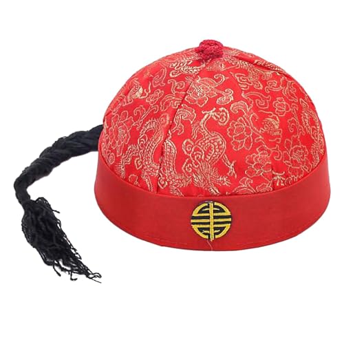Dickly Chinesischer orientalischer Hut, Party-Kostüm, Kappe, lustiger chinesischer Hut, Kopfbedeckung mit Pferdeschwanz, Qing-Kaiser-Hut für, Rot von Dickly