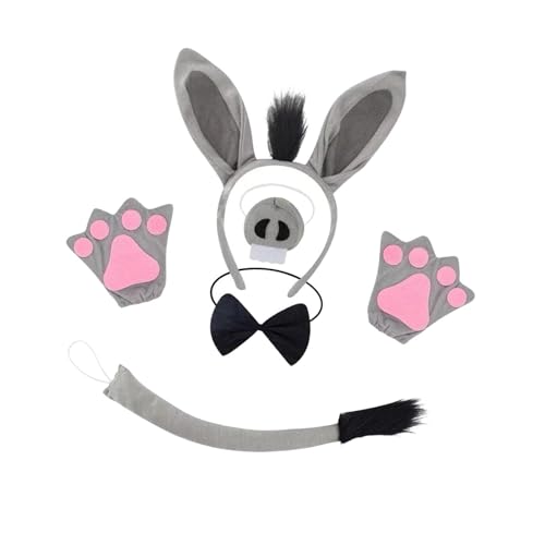 Dickly Esel-Kostüm-Zubehör-Set, süße Ohren, Stirnband, Nase und Schwanz für Kostüm, mit Handschuhen von Dickly