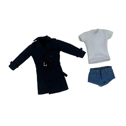 Dickly Puppenkleidung, Trenchcoat-Anzugmodell für 12-Zoll-Figur, Maßstab 1:6, Windjacke + T-Shirt + Jeansshorts für 12-Zoll-Figur. Geschenk, Schwarz von Dickly