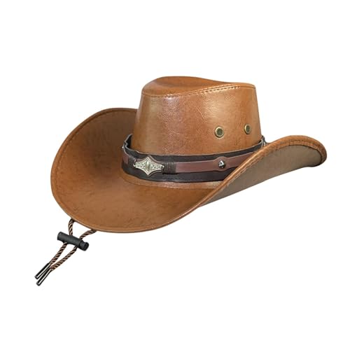 Dickly Western-Cowboy-Hut, Jazz-Zylinder, Hut mit breiter Krempe und Kinnriemen, lässiger Sonnenschutzhut für Musik, Festival, Party, Bar, braun von Dickly