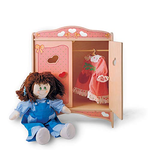 Dida - Puppenschrank Aus Holz Mit Garderobenstange Und 4 Kleiderbügeln Für Puppen Bis 50 cm Höhe - Dekoration: Rosa. Optimal Für Die Puppenecken Im Kindergarten Und In Der Kinderkrippe von Dida