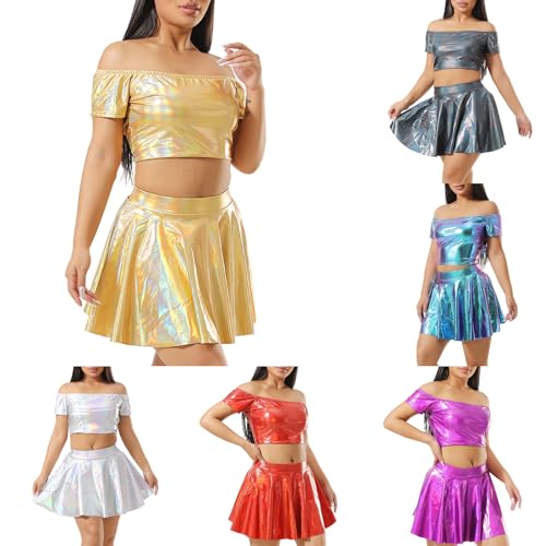 Didadihu Alien Kostüm Set Space Girl Karneval Kostüm Outfits Mit Rave Metallic Glitzer Crop Top Und Goldener Silber Glitzer Rock Faltenrock von Didadihu