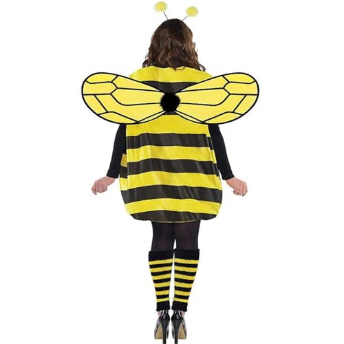 Didadihu Damen Cosplay Faschingskostüm Set - Halloween Gelb Honigbiene Kleid mit Flügeln Stirnband Beinärmel für Party Cosplay Verkleidung von Didadihu