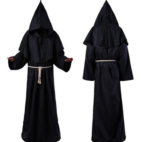 Didadihu Mönch Kostüm Herren, Robe mit Kapuze und Kreuz, Mittelalterlicher Mönchumhang Priester Gewand für Halloween, Karneval, Fasching und Mottoparty,01 Schwarz,XL von Didadihu