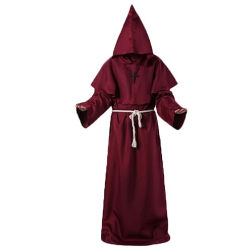 Didadihu Mönch Kostüm Herren, Robe mit Kapuze und Kreuz, Mittelalterlicher Mönchumhang Priester Gewand für Halloween, Karneval, Fasching und Mottoparty,02 Rot,M von Didadihu