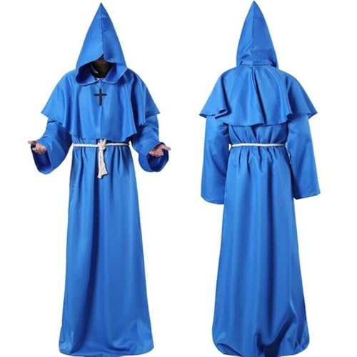 Mönch Kostüm Herren, Mittelalterlicher Mönchumhang mit Kapuze, Kordel und Kreuz, Priester Gewand Robe für Halloween, Karneval, Fasching, Mottoparty, Mittelalter Fest, Renaissance LARP,01 Blau,L von Didadihu