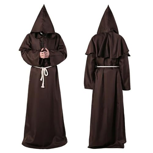 Mönch Kostüm Herren, Mittelalterlicher Mönchumhang mit Kapuze, Kordel und Kreuz, Priester Gewand Robe für Halloween, Karneval, Fasching, Mottoparty, Mittelalter Fest, Renaissance LARP,01 Kaffee,M von Didadihu