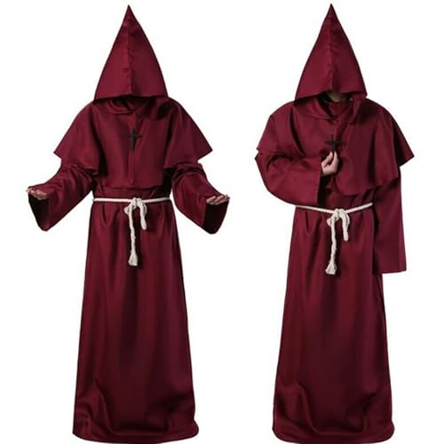 Mönch Kostüm Herren, Mittelalterlicher Mönchumhang mit Kapuze, Kordel und Kreuz, Priester Gewand Robe für Halloween, Karneval, Fasching, Mottoparty, Mittelalter Fest, Renaissance LARP,01 Rot,S von Didadihu