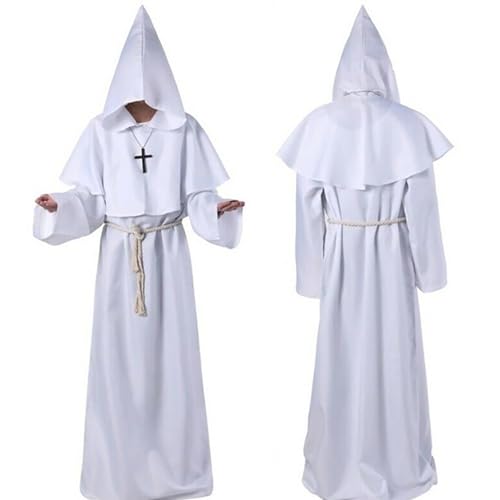 Mönch Kostüm Herren, Mittelalterlicher Mönchumhang mit Kapuze, Kordel und Kreuz, Priester Gewand Robe für Halloween, Karneval, Fasching, Mottoparty, Mittelalter Fest, Renaissance LARP,01 Weiß,M von Didadihu