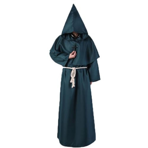 Mönch Kostüm Herren, Mittelalterlicher Mönchumhang mit Kapuze, Kordel und Kreuz, Priester Gewand Robe für Halloween, Karneval, Fasching, Mottoparty, Mittelalter Fest, Renaissance LARP,02 Grün,XXL von Didadihu