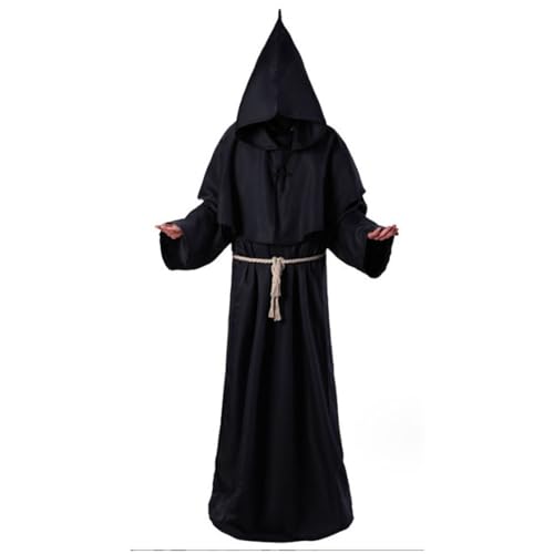 Mönch Kostüm Herren, Mittelalterlicher Mönchumhang mit Kapuze, Kordel und Kreuz, Priester Gewand Robe für Halloween, Karneval, Fasching, Mottoparty, Mittelalter Fest, Renaissance LARP,02 Schwarz,S von Didadihu