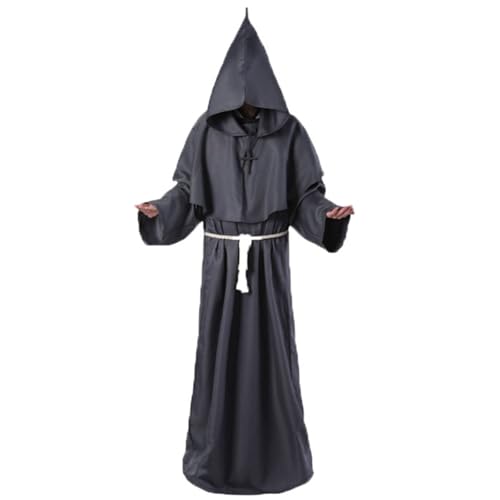 Mönch Kostüm Herren, Mittelalterlicher Mönchumhang mit Kapuze, Kordel und Kreuz, Priester Gewand Robe für Halloween, Karneval, Fasching, Mottoparty, Mittelalter Fest, Renaissance LARP,02 Grau,XXL von Didadihu