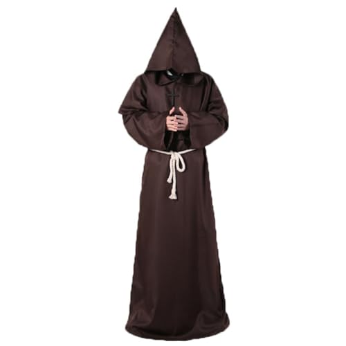 Mönch Kostüm Herren, Mittelalterlicher Mönchumhang mit Kapuze, Kordel und Kreuz, Priester Gewand Robe für Halloween, Karneval, Fasching, Mottoparty, Mittelalter Fest, Renaissance LARP,02 Kaffee,M von Didadihu