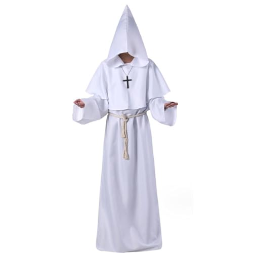 Mönch Kostüm Herren, Mittelalterlicher Mönchumhang mit Kapuze, Kordel und Kreuz, Priester Gewand Robe für Halloween, Karneval, Fasching, Mottoparty, Mittelalter Fest, Renaissance LARP,02 Weiß,M von Didadihu