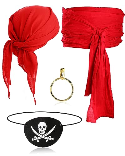 5 Stück Halloween Captain Pirat Kostüm Zubehör Set Piraten Augenklappe Große Schärpe Stirnband Halskette Ohrring für Frauen Herren, Rot/Ausflug, einfarbig (Getaway Solids), Einheitsgröße von Didaey