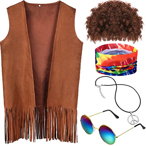 5-teiliges Hippie-Kostüm-Set, Fransenweste, braune Perücke, Batik-Stirnband, Friedenszeichen, Halskette, Sonnenbrille für Damen und Herren, 60er-, 70er-Jahre-Party, Größe M von Didaey