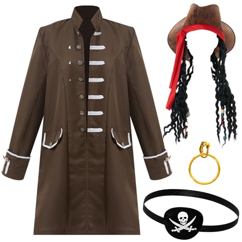 Didaey 4 Pcs Renaissance Piraten Kostüm Herren Halloween Piraten Zubehör für Männer Cosplay Karneval Rollenspiel Set, Braun, M von Didaey