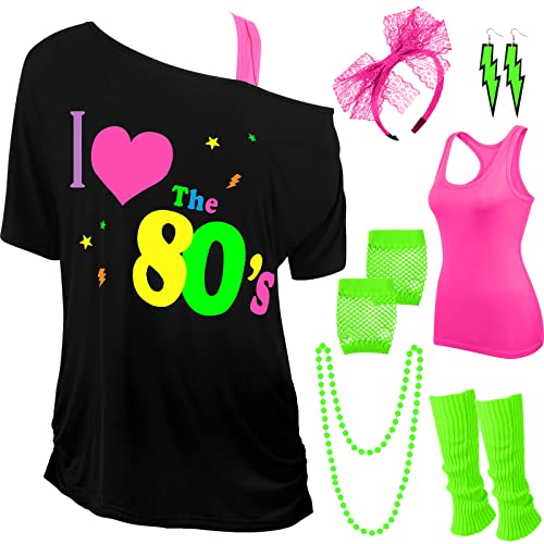 Didaey I Love The 80's Disco 80er Jahre Kostüm Druck Schulterfrei Tops Tank Top Stirnband Ohrring Halskette Beinstulpen Fischnetz Handschuhe, Rosenrot, Grün, M Didaey I Love The 80's Disco 80er Jahre Kostüm Druck Schulterfrei Tops Tank Top Stirnband Ohrring Halskette Beinstulpen Fischnetz Handschuhe, Rosenrot, Grün, M von Didaey