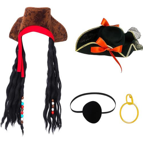Didaey Piratenkostüm-Zubehör-Set für Männer und Frauen, Erwachsenen-Paare, Piratenhut, Dreihornhut mit Dreadlocks, Augenklappe und Ohrringen für Halloween, Cosplay und Gothic-Themen-Events, 4-teilig von Didaey