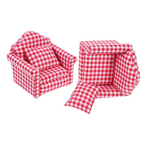 Didiseaon 2 Sätze Maßstab Teiliges Rotes Vintage Holzsofa mit Kissen Detailreiches Puppenmöbel für Wohnraumdekoration und Fotorequisiten von Didiseaon