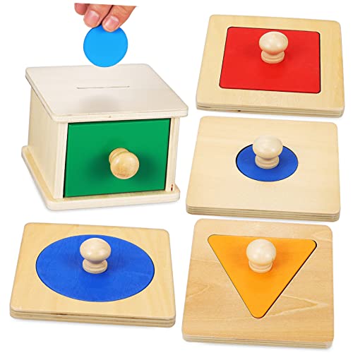 Didiseaon 2 Satz Teiliges Holzspielzeug für Kleinkinder Geometrischer Puzzlescheiben und Münzbox Fördert Hand Auge Koordination Form und Farberkennung Sicheres Lernen mit Glatten Kanten von Didiseaon
