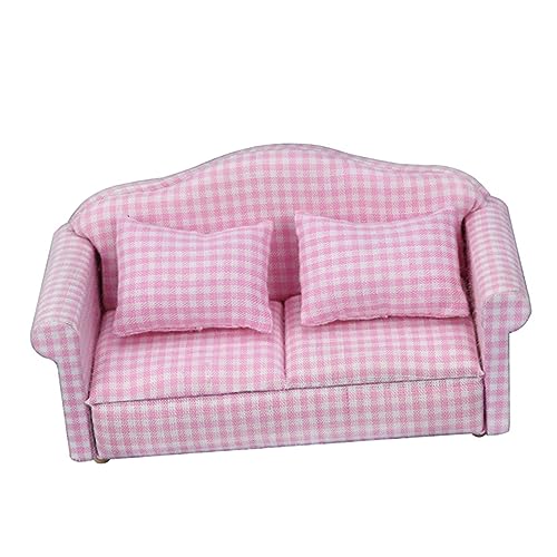 Didiseaon Miniatur Puppenhaus Sofa Sitzer mit Kissen Rosa Kariert Detailgetreue Mini Möbel für Puppenhaus Wohnzimmer Leicht Kompakt Dekorativ für Sammler von Didiseaon