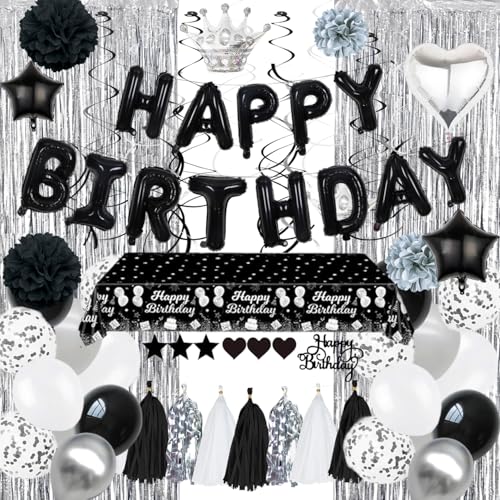 Schwarz und Silber Geburtstagsdekorationen, Happy Birthday Luftballons Dekorationen Set | Happy Birthday Banner Papier, Pom Poms, Hängende Wirbel, Fransen, Vorhang, Tischdecke für Geburtstagsparty Schwarz und Silber Geburtstagsdekorationen, Happy Birthday Luftballons Dekorationen Set | Happy Birthday Banner Papier, Pom Poms, Hängende Wirbel, Fransen, Vorhang, Tischdecke für Geburtstagsparty von Difistik