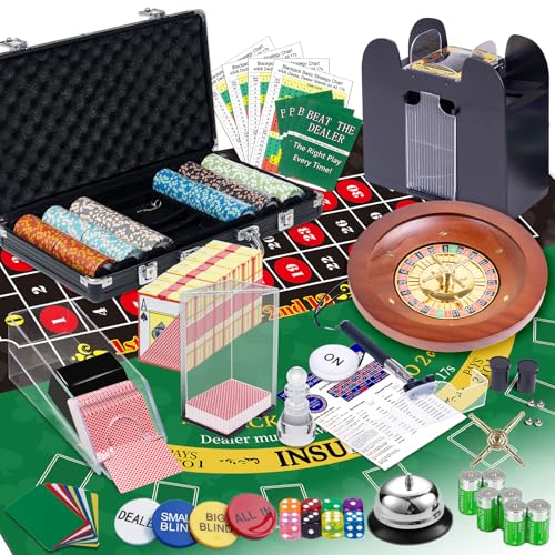 5 in 1 Super Pro Casino Game Set: Blackjack/Texas Hold'em/Roulette/Craps/Poker Kit, 10 Zoll Holz Roulette Rad, Tragetasche mit 300 Clay Chips, 6 Deck Shuffler, 2 doppelseitige Gummimatte und mehr von DigNew