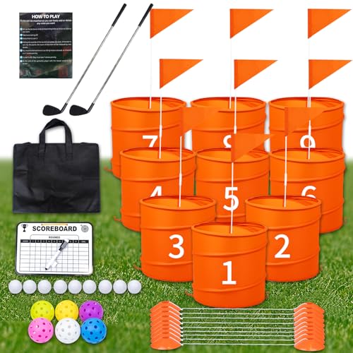 DigNew Orangefarbenes 9-teiliges Golfspiel für den Hinterhof, Set mit: 9 Pop-Up-Löchern + 9 Flaggen + 18 Tee-Boxen + 6 Spielbälle + 1 Tragetasche + 9 Verbindungsseile + 1 Anzeigetafel + 2 Schläger + 9 DigNew Orangefarbenes 9-teiliges Golfspiel für den Hinterhof, Set mit: 9 Pop-Up-Löchern + 9 Flaggen + 18 Tee-Boxen + 6 Spielbälle + 1 Tragetasche + 9 Verbindungsseile + 1 Anzeigetafel + 2 Schläger + 9 von DigNew