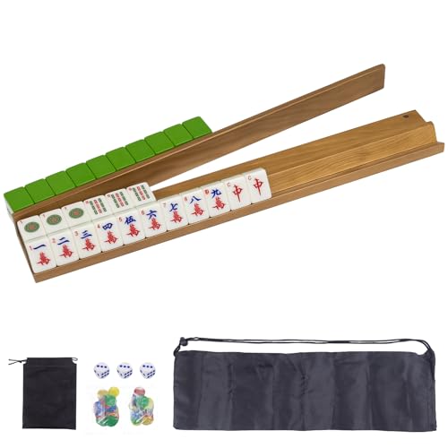 Mahjong-Racks aus Holz, bemalt, Mahjong-Racks mit Schieber, 4 magnetisch befestigte Drücker, Chips, Chips, Würfel- und Aufbewahrungstaschen, Premium-Halter für Mahjong, Dominosteine und mehr von DigNew