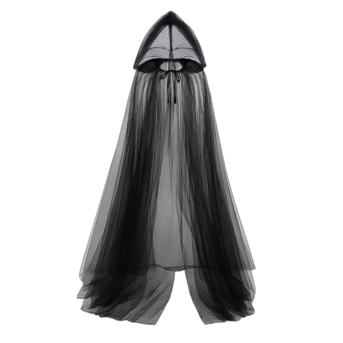 Elfenumhang mit Kapuze, lang, durchsichtig, Tüll, Vampirumhang, Gothic, Geisterhexe, Robe für Damen, volle Länge, mit Kapuze, Halloween-Kostüm (schwarz) von DigScape