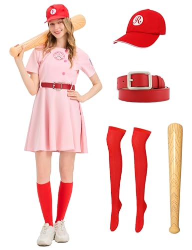 Digfar Damen-Baseball-Kostüm, pinkfarbenes Baseballkleid, Uniform-Set mit Hut, Socken, aufblasbarer Baseballschläger für Halloween Digfar Damen-Baseball-Kostüm, pinkfarbenes Baseballkleid, Uniform-Set mit Hut, Socken, aufblasbarer Baseballschläger für Halloween von Digfar