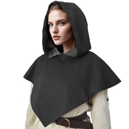 Mittelalterlicher Kapuzenumhang Schal Schal Retro Schamane Renaissance Kutte Kurzer Hut Umhang mit Kapuze für Frauen Männer Halloween Cosplay Kostüm Accessoire (Black) von DigiTizerArt