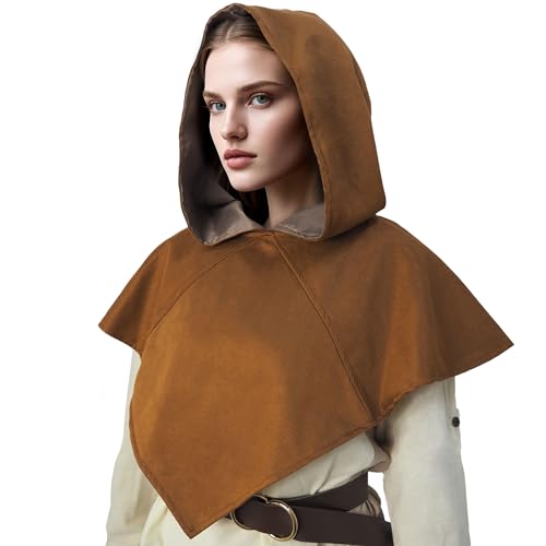Mittelalterlicher Kapuzenumhang Schal Schal Retro Schamane Renaissance Kutte Kurzer Hut Umhang mit Kapuze für Frauen Männer Halloween Cosplay Kostüm Accessoire (Brown) von DigiTizerArt