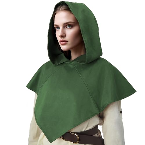 Mittelalterlicher Kapuzenumhang Schal Schal Retro Schamane Renaissance Kutte Kurzer Hut Umhang mit Kapuze für Frauen Männer Halloween Cosplay Kostüm Accessoire (Olive Green) von DigiTizerArt