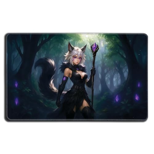 Digital Sorcery Studio Kartenspiel-Playmat – Premium genähter Rand – perfekt für MTG Commander Decks (Anime Cat Warlock) von Digital Sorcery Studio